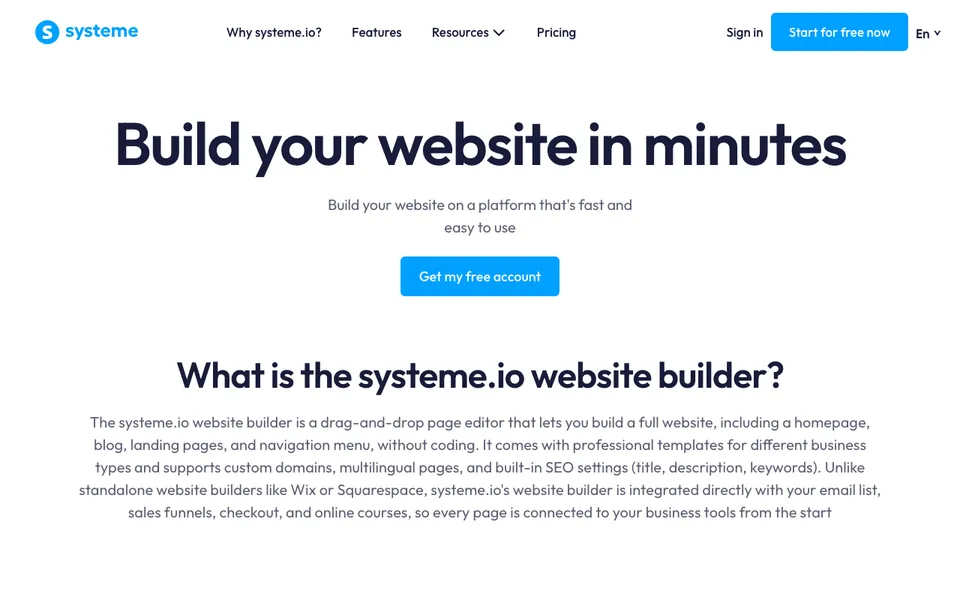 systeme.io website builder page, the free site and store setup this Beacons alternative guide recommends for creators moving past link-in-bio