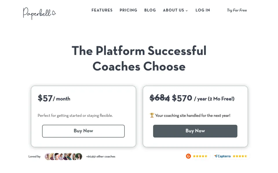 Paperbell pricing page showing one plan at $57 a month or $570 a year, the coaching CRM ranked first in this best CRM for coaches list