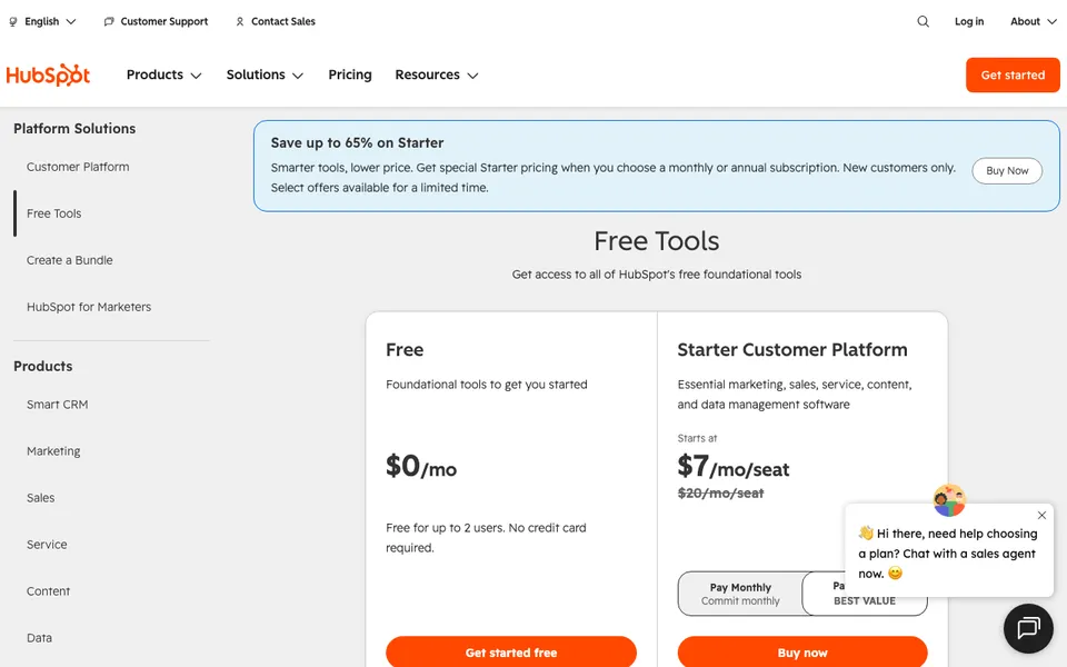 HubSpot pricing page showing the free CRM for two users, the free pick in this best CRM for freelancers list
