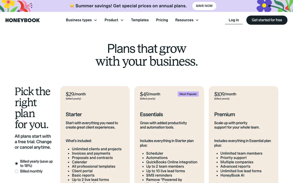 HoneyBook pricing page with Starter, Essentials, and Premium plans, the client platform ranked first in this best CRM for photographers list
