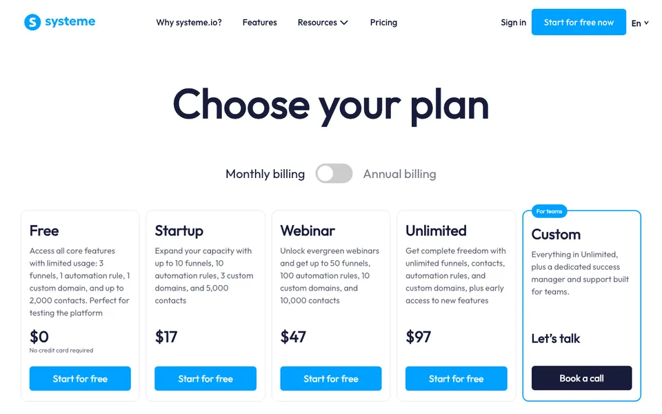 systeme.io pricing page with the Free, Startup, Webinar, and Unlimited plan cards