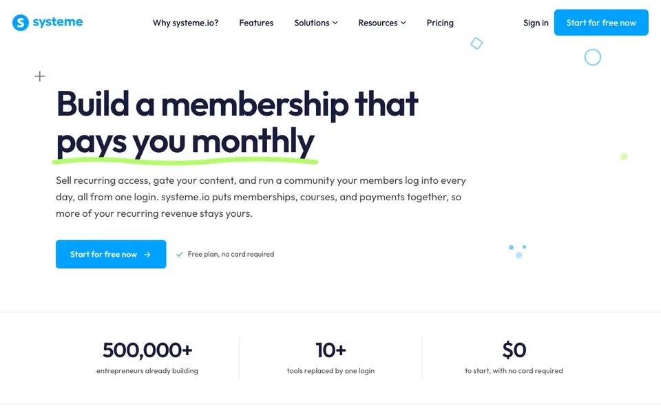systeme.io's page for membership site owners, the cheapest membership site platform on this shortlist