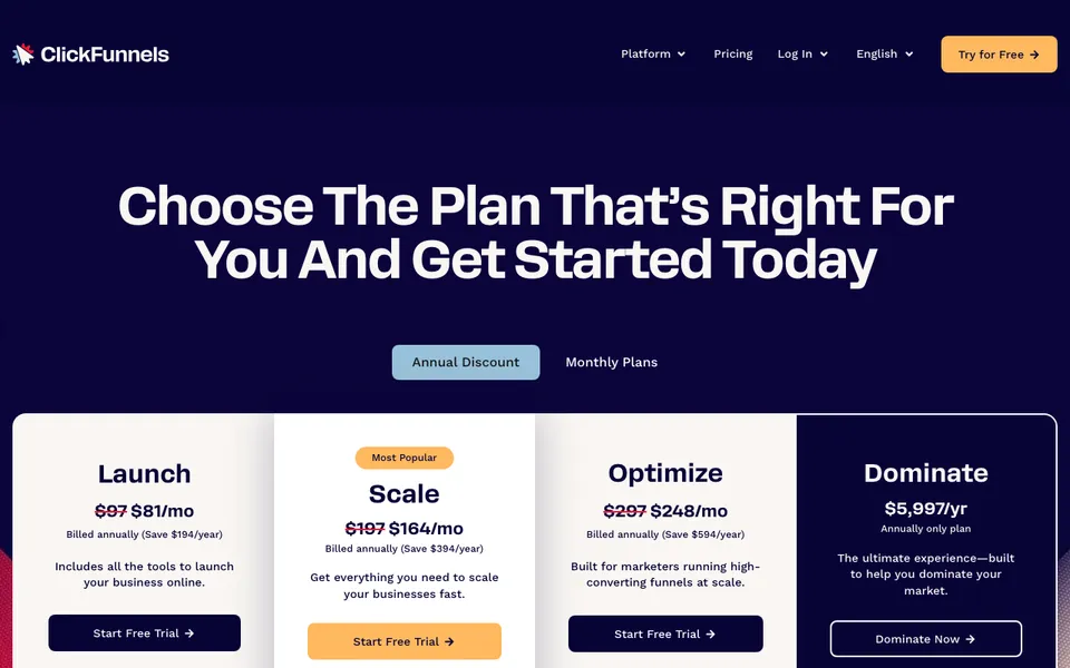 ClickFunnels pricing page showing Launch, Scale, Optimize, and Dominate plans, the starting point for systeme.io vs ClickFunnels