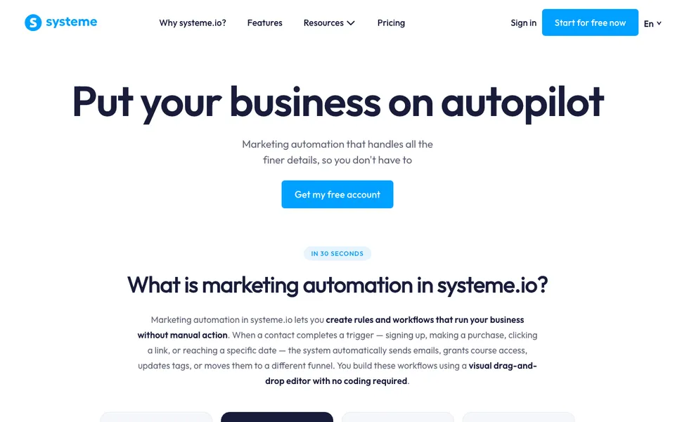 systeme.io marketing automation page, the platform used to consolidate marketing tools for small business in this guide