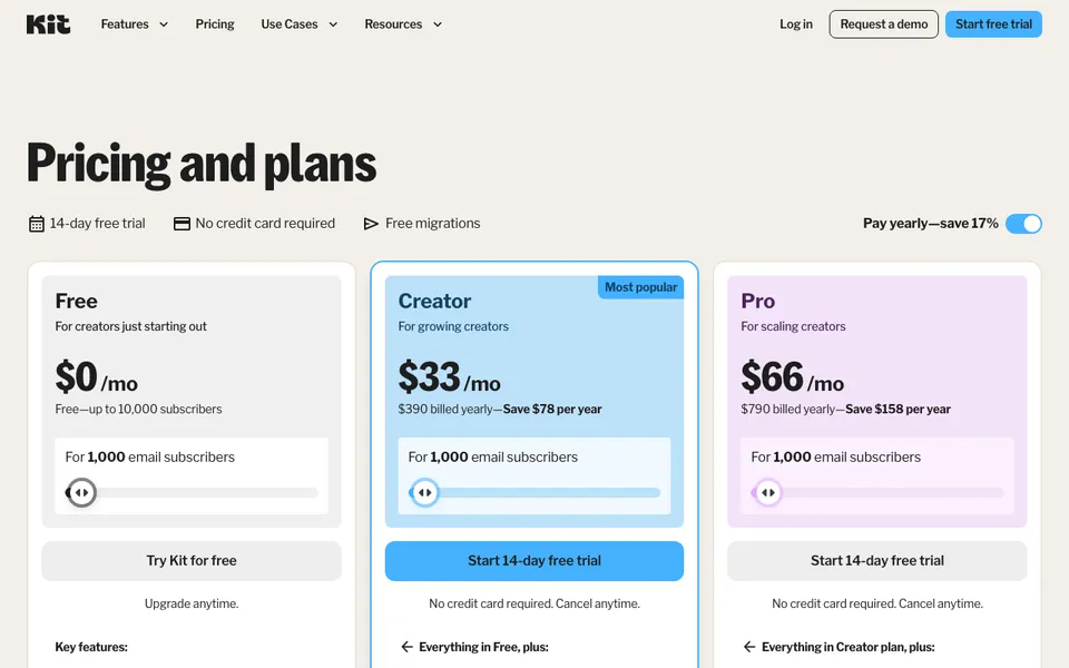 Kit pricing page, the tool formerly called ConvertKit, showing the free plan and Creator tier in this systeme.io vs ConvertKit comparison