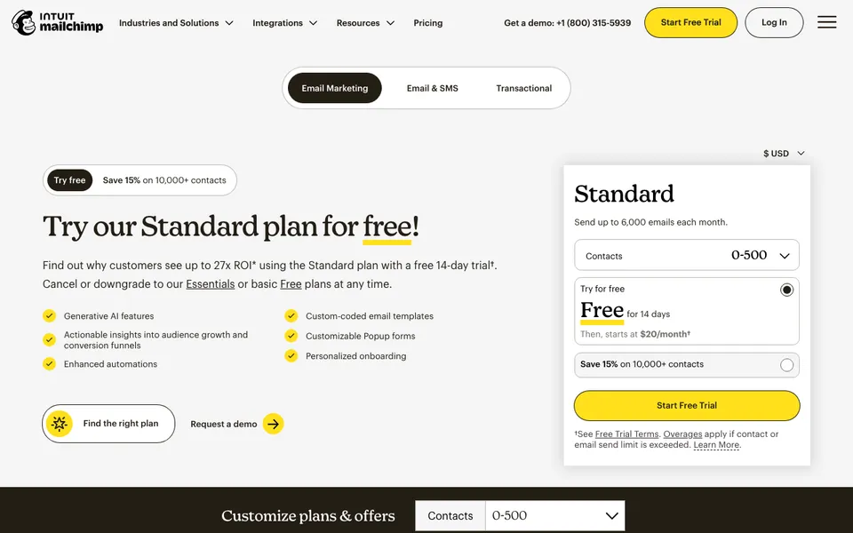Mailchimp pricing page with the free plan limited to 250 contacts and 500 monthly sends, the limits that push people to free Mailchimp alternatives