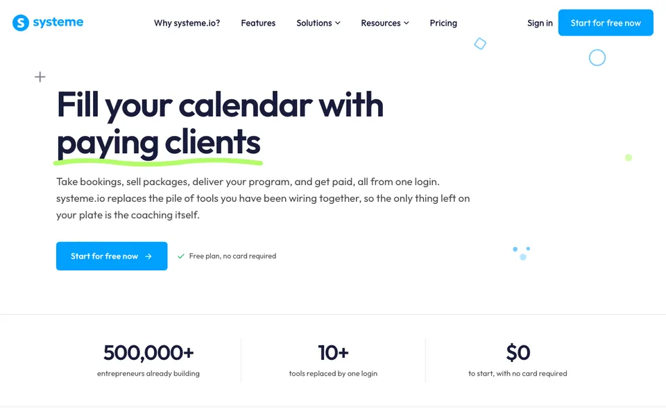 systeme.io's page for coaches and consultants, the setup used in this guide on how to sell consulting packages online