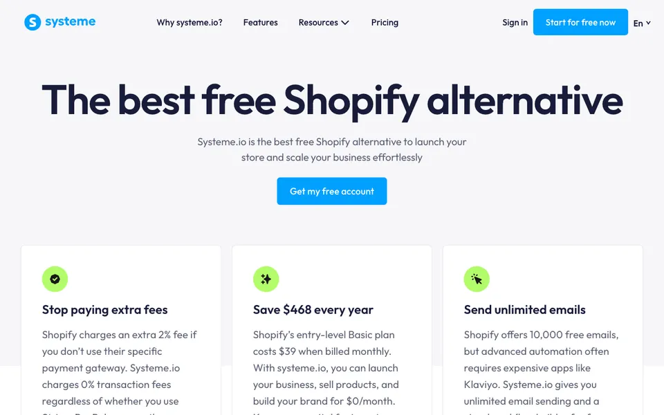 systeme.io's Shopify alternative page, used here to set up a checkout page without Shopify for digital downloads