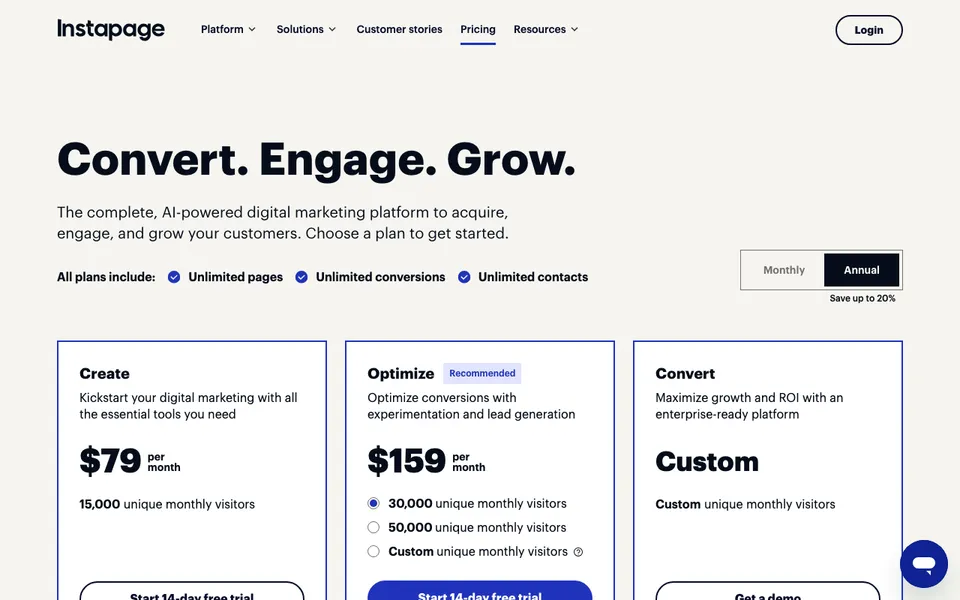 Instapage plans page showing Create at $99.79 a month and Optimize at $199.59, the prices that prompt an Instapage alternative search