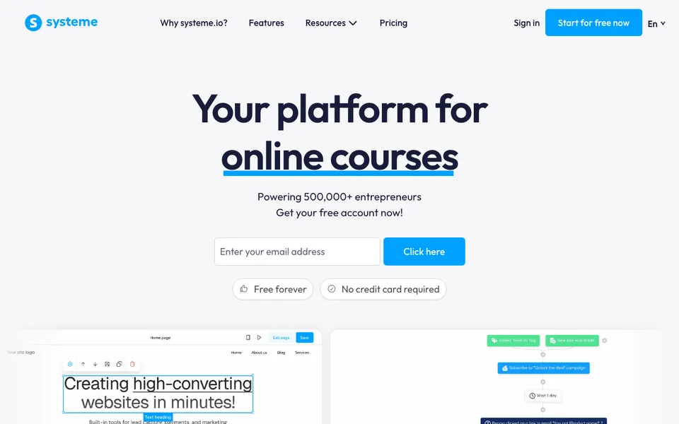 The systeme.io home page, the all-in-one platform behind the question: is systeme.io a CRM for client work?