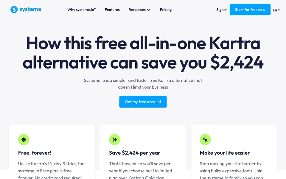 systeme.io's own Kartra alternative page claiming a yearly saving, shown here because its trial and plan references are out of date