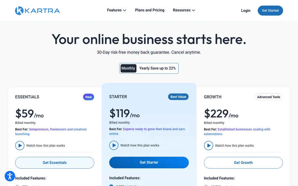Kartra pricing page with Essentials, Starter, and Growth plans at $59, $119, and $229 a month, the prices behind most Kartra alternative searches