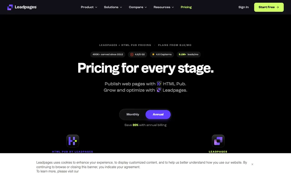 Leadpages pricing page headed Pricing for every stage, with the HTML Pub and Leadpages lines that people compare when looking for Leadpages alternatives