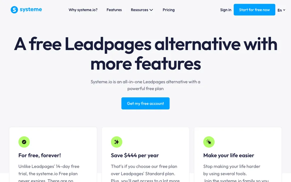 systeme.io's Leadpages alternative page, which pitches the free plan as a replacement for landing pages