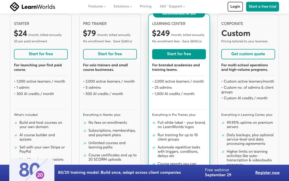 LearnWorlds pricing page showing Starter at $24 with $5 per paid enrollment, Pro Trainer at $79, and Learning Center at $249 billed annually