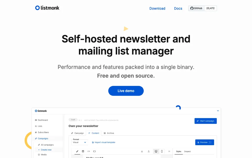 listmonk home page, the self-hosted newsletter manager that leads most lists of open source Mailchimp alternatives