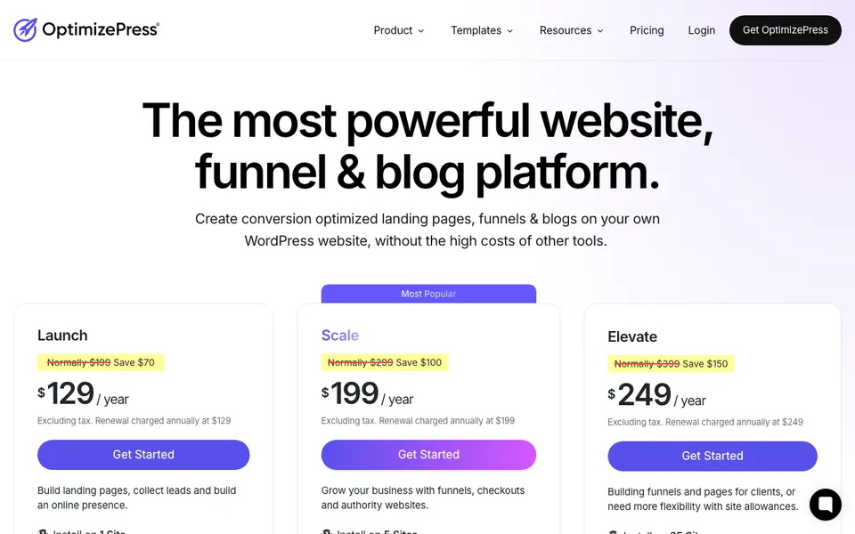 OptimizePress pricing page with Launch, Scale, and a top tier for agencies, the WordPress plugin people compare against an OptimizePress alternative
