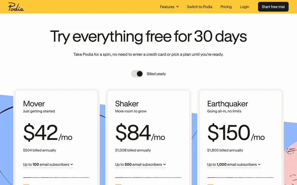 Podia pricing page with Mover, Shaker, and Earthquaker plans and their email subscriber caps, the limits that lead to a Podia alternative