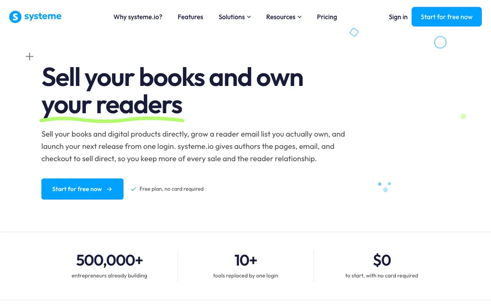 systeme.io's page for authors, the free builder used for this sales funnel for authors