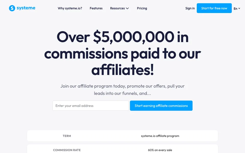 systeme.io affiliate program page stating 60% lifetime commissions
