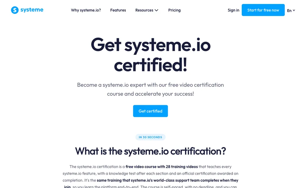 The systeme.io certification page offering free access to 28 training videos and an official credential