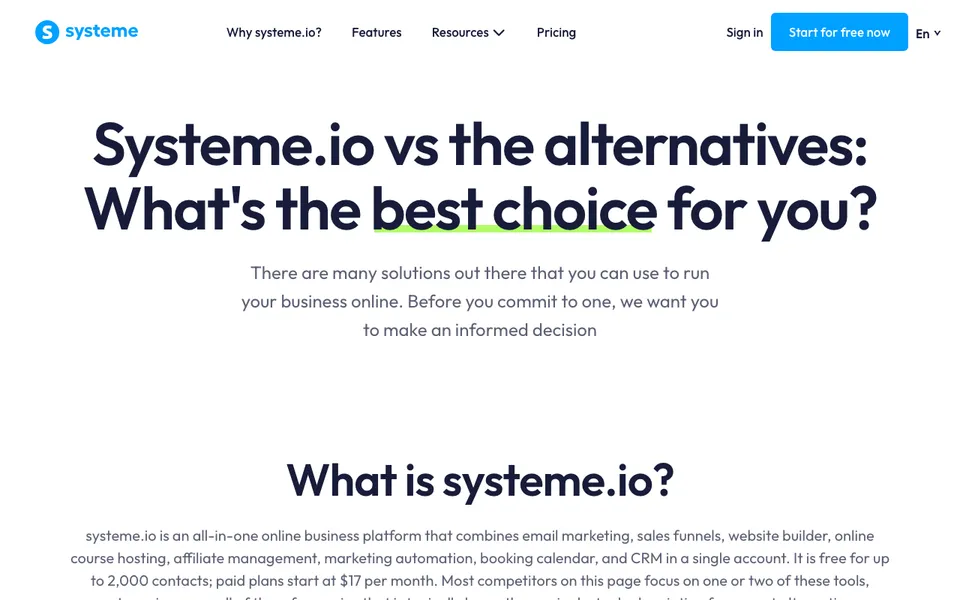 systeme.io's own comparison page listing the tools it positions itself against, a starting list of systeme.io alternatives