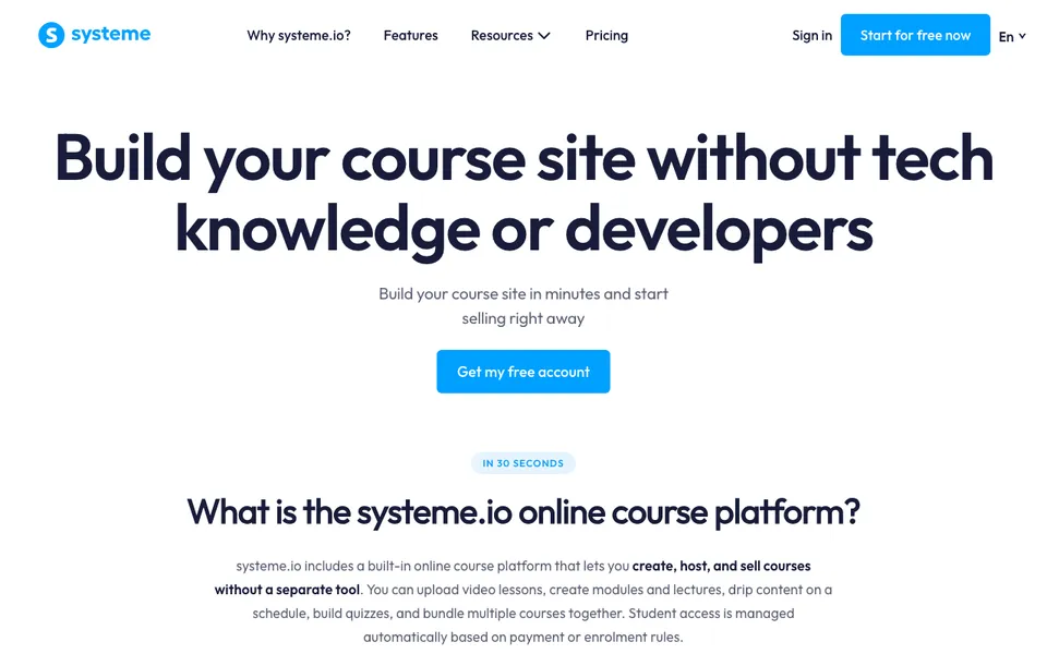 systeme.io online courses page describing the built-in course builder for creating, hosting, and selling courses