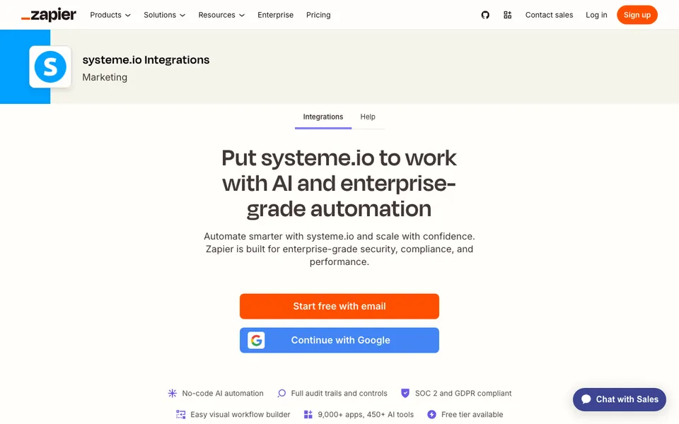 Zapier's page of systeme.io integrations listing the available triggers and actions for connecting systeme.io to other apps