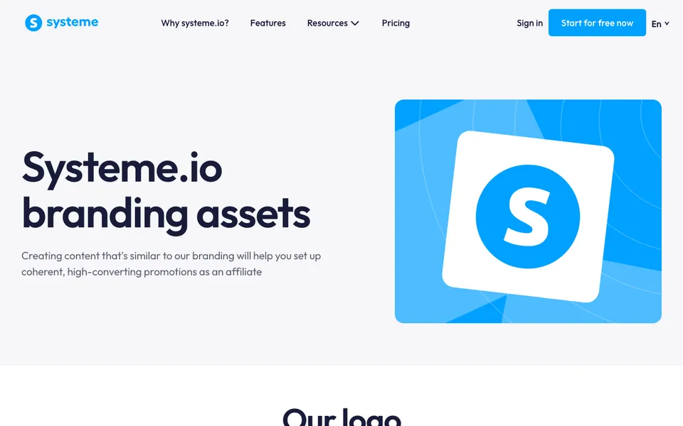 The systeme.io branding page with official logo downloads, brand colors, and typography guidance