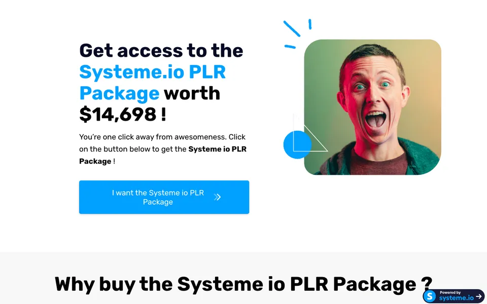 The systeme.io PLR package page on the marketplace, offering eight courses with private label rights at a discount