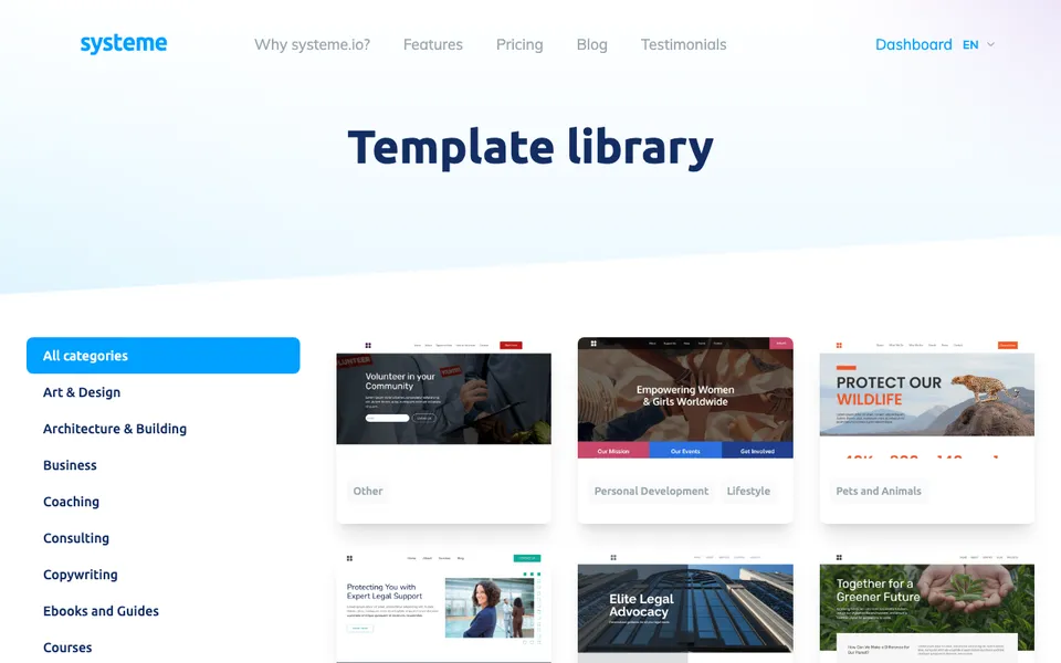 systeme.io public template library showing website templates filtered by category