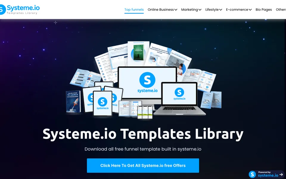 library.systeme.io page offering free downloadable systeme.io funnel templates