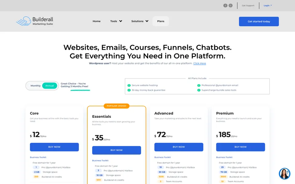 Builderall plans page showing Core, Essentials, Advanced, and Premium tiers on annual billing in this systeme.io vs Builderall comparison