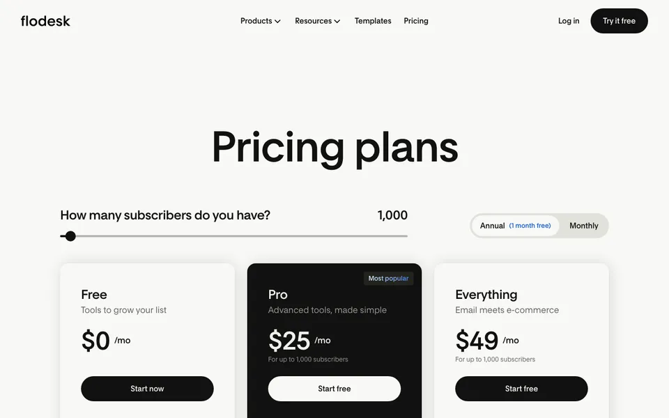 Flodesk pricing page showing the free plan and paid tiers in this systeme.io vs Flodesk comparison
