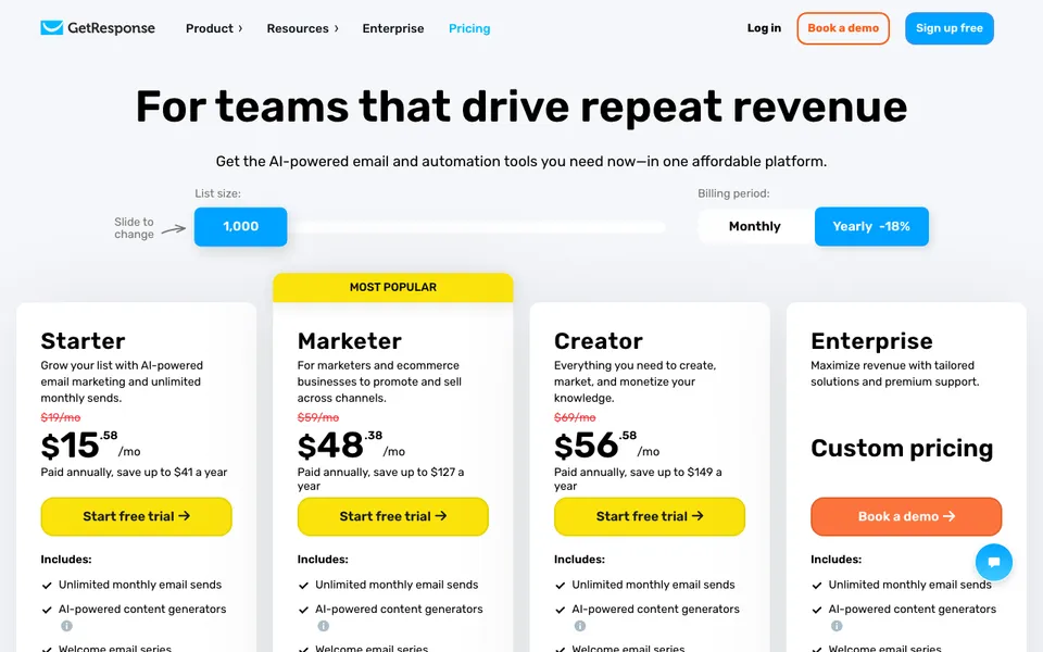 GetResponse pricing page showing Starter, Marketer, and Creator plans at 1,000 contacts in this systeme.io vs GetResponse comparison