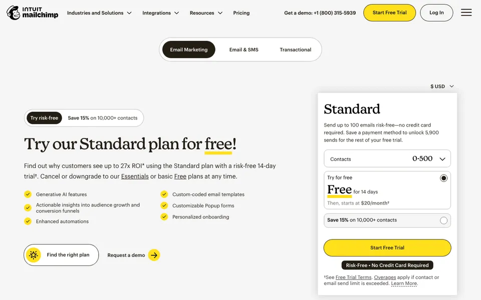 Mailchimp pricing page showing the free plan's 250 contacts and 500 monthly sends in this systeme.io vs Mailchimp comparison