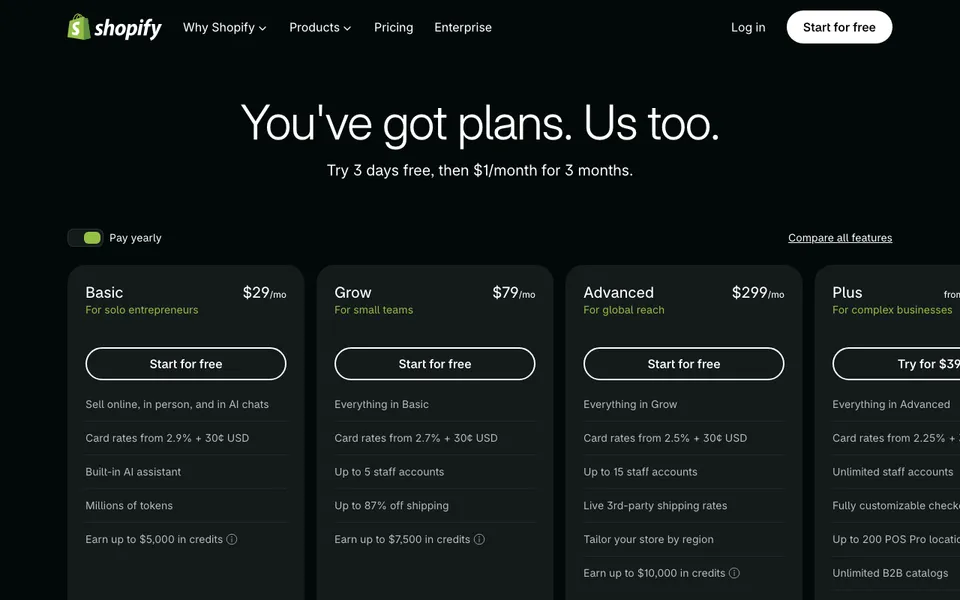 Shopify pricing page showing Basic, Grow, and Advanced plans and their card rates in this systeme.io vs Shopify comparison