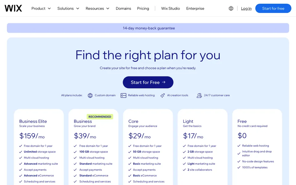 Wix plans page showing the Free, Light, Core, Business, and Business Elite tiers in this systeme.io vs Wix comparison
