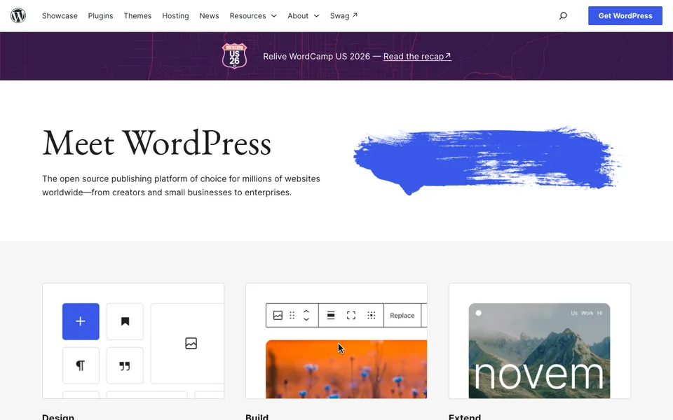 The WordPress.org home page, the open source publishing platform compared here in systeme.io vs WordPress