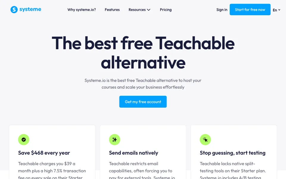 systeme.io's Teachable alternative page advertising a free plan with 0% fees and unlimited students