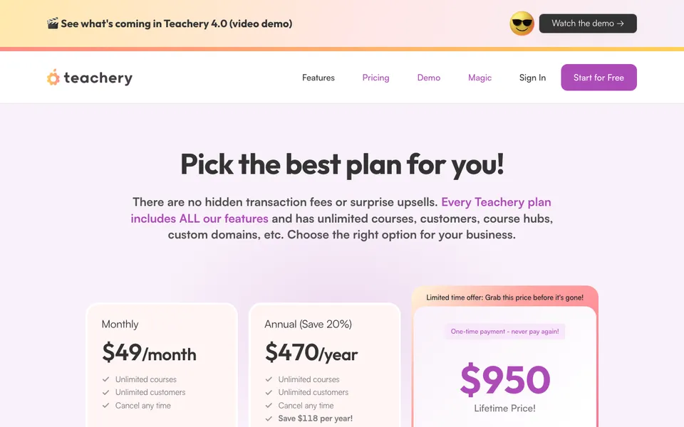Teachery pricing page showing the monthly, annual, and $950 lifetime options for its single plan