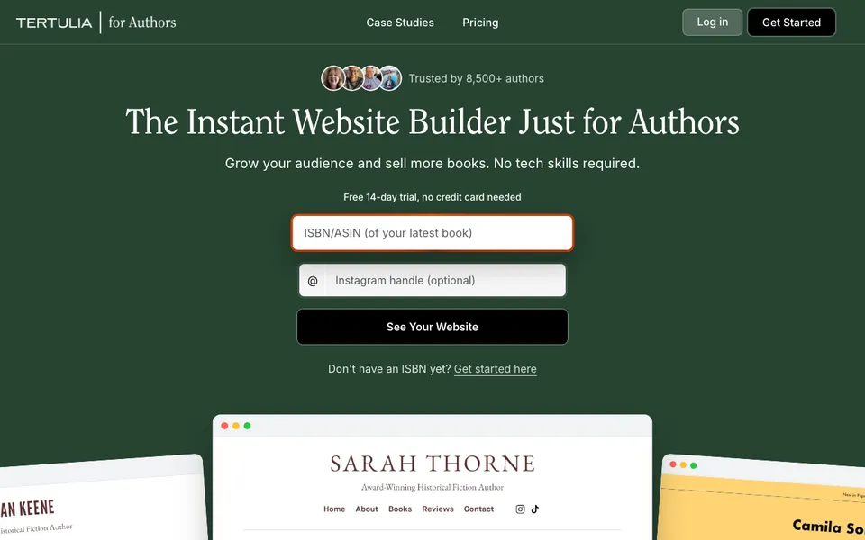 Tertulia for Authors home page describing the instant website builder just for authors, built from an ISBN