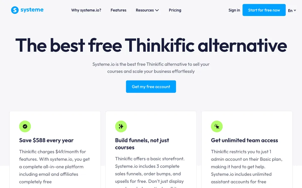 systeme.io's Thinkific alternative page, which pitches its free plan against Thinkific's paid-only pricing