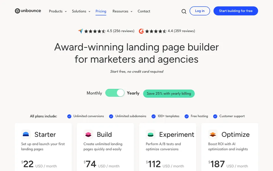 Unbounce pricing page showing Starter, Build, Experiment, and Optimize plans with visitor limits, the caps that lead to an Unbounce alternative