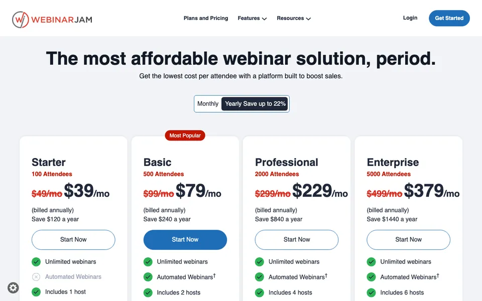 WebinarJam pricing page with Starter, Basic, Professional, and Enterprise plans, showing automated webinars excluded from Starter, the detail that shapes any WebinarJam alternative