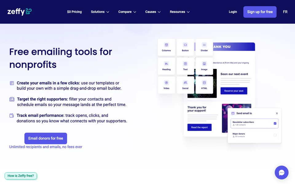 Zeffy's free email marketing page for nonprofits stating unlimited emails to unlimited contacts